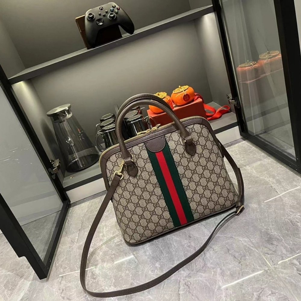 Gvc*1 Ophidia Gg Logo Medium Top Handle Bag Beige And Brown 34Cm