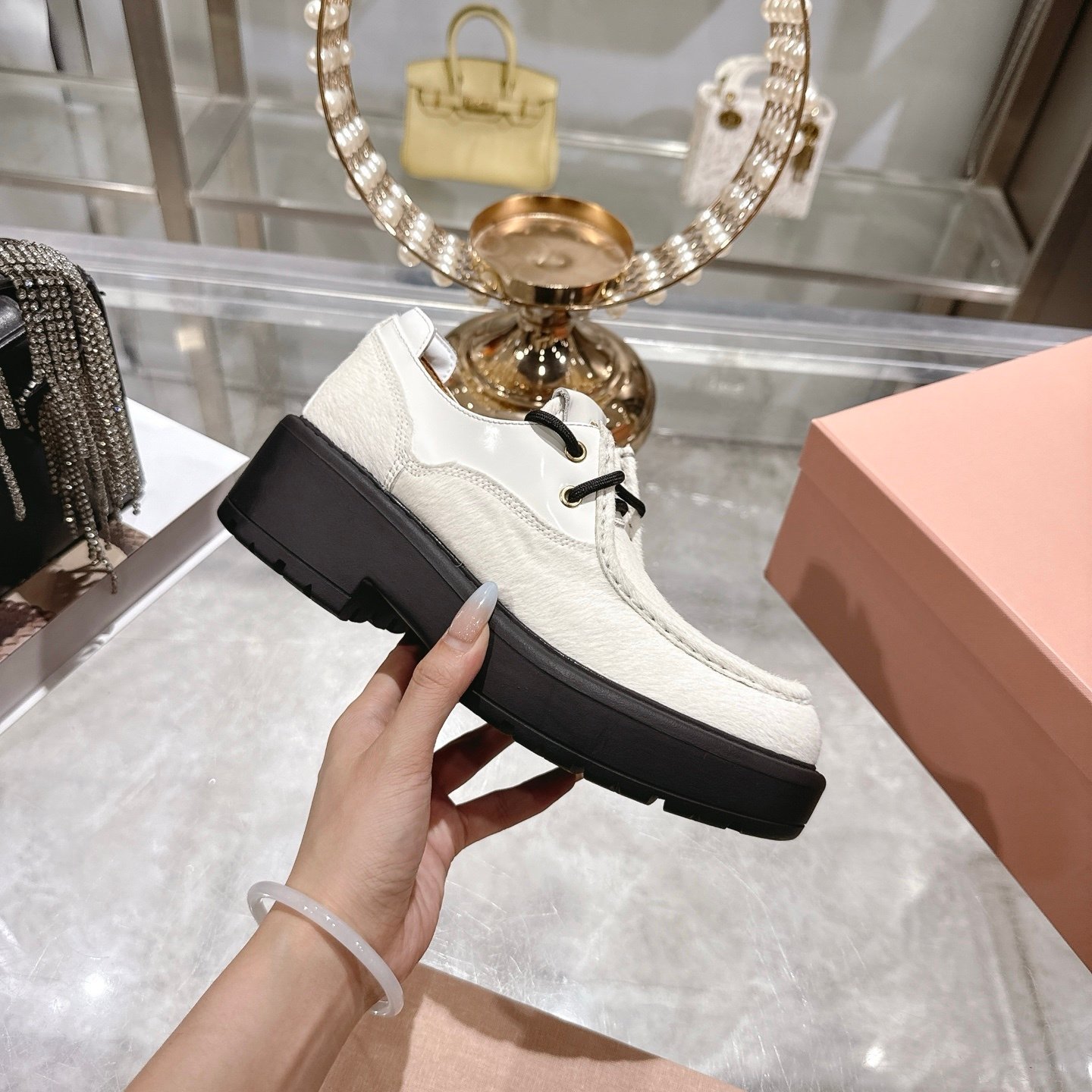 M1um1u Leather And Calf Hair Leather Laced Shoes Ivory 5E964D 2Hio F0304 F D055