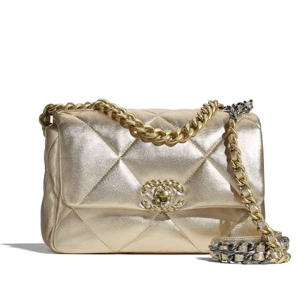Ch**el 19 Handbag Metallic Gold And Silver Tone 26Cm As1160 B05457 Nc293