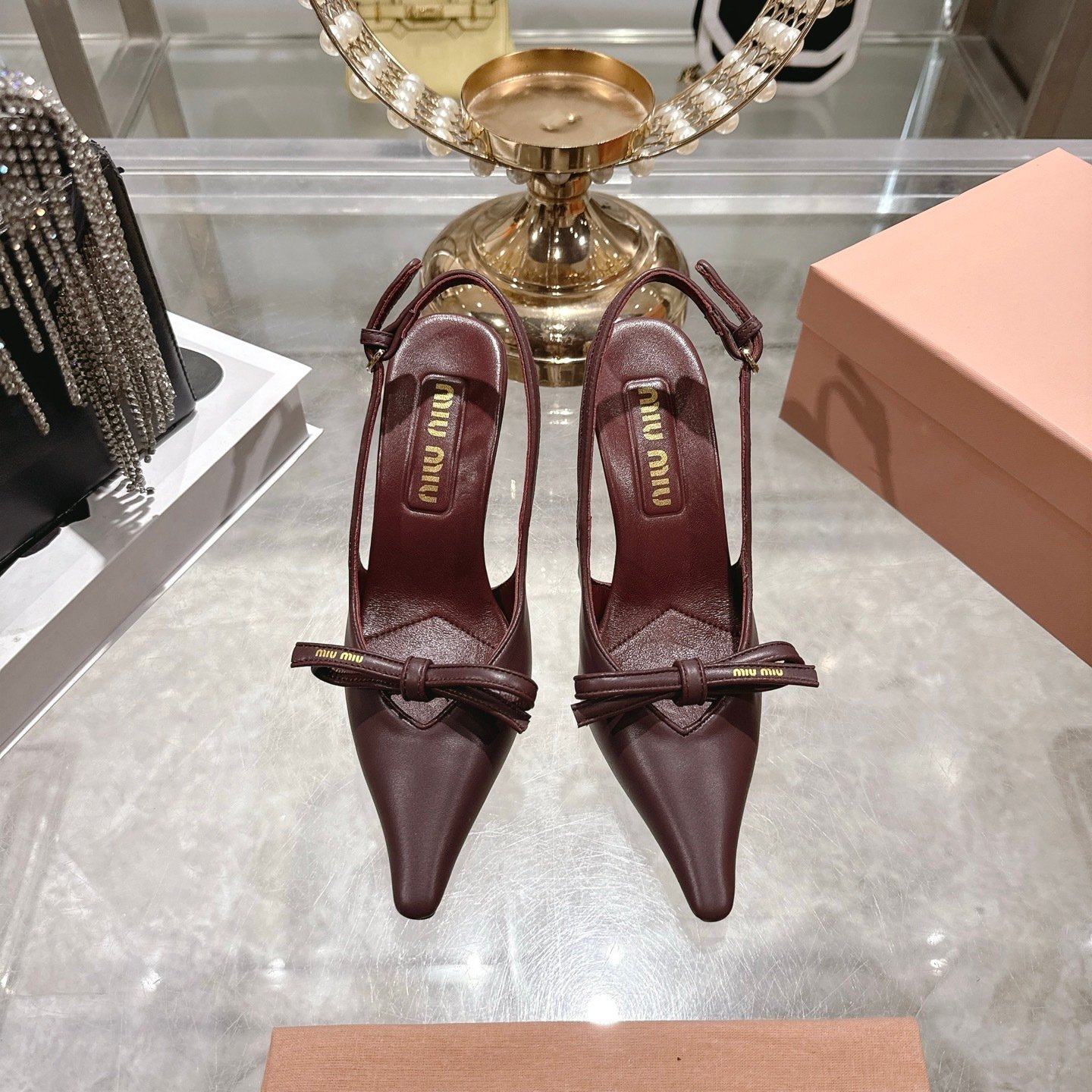 Miu Miu Leather Slingback Pumps With Bow Red