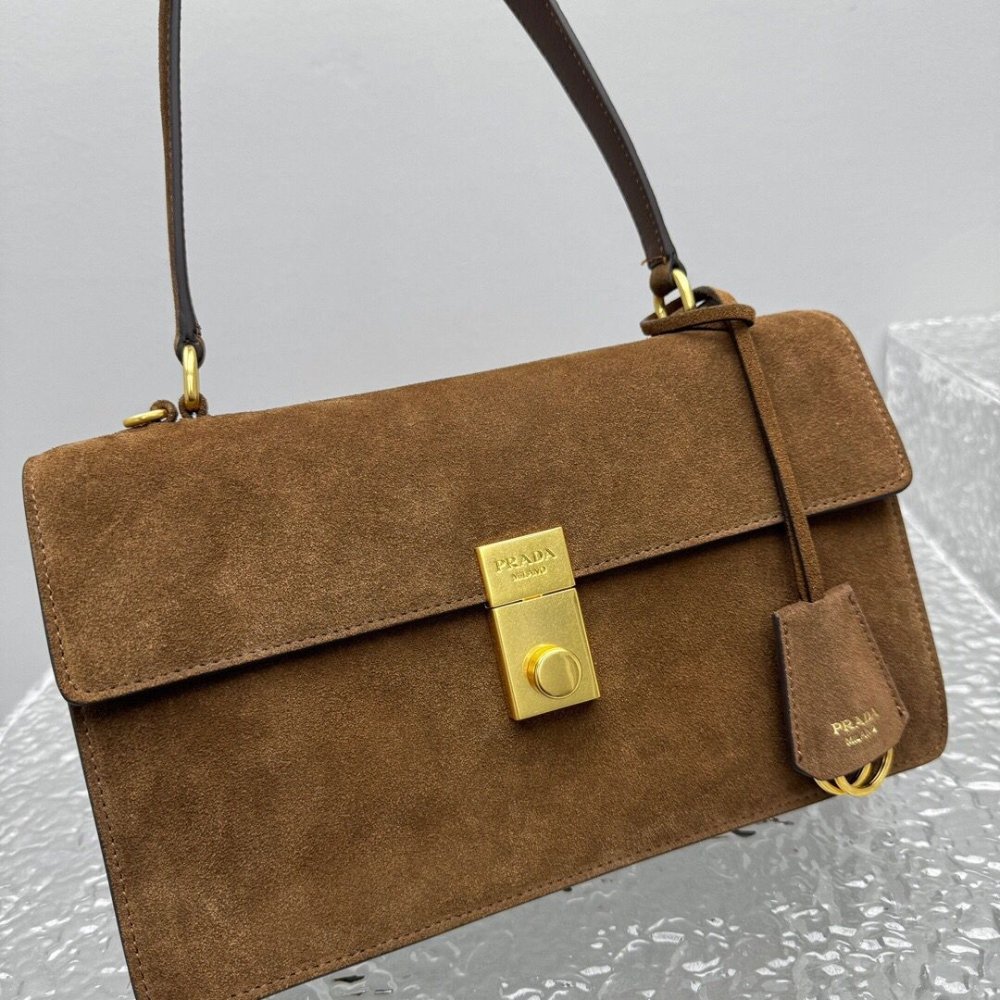 [S*per Vip 1:1] Pra*a Soft Sound Medium Suede Shoulder Bag Brown 28Cm Bn023 2C4S F0324 V Too