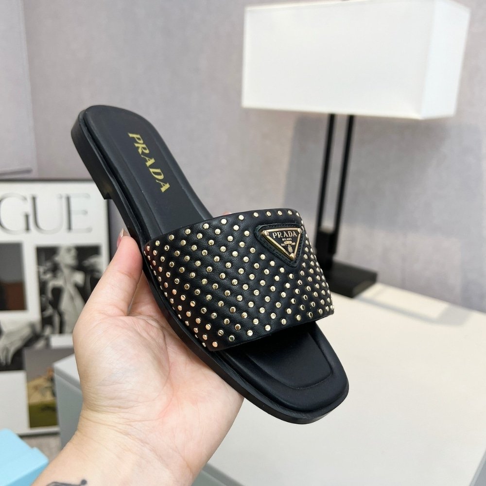 Pra*a Nappa Leather Slides With Studs Black 1Xx760 Zhp F0002 F 010