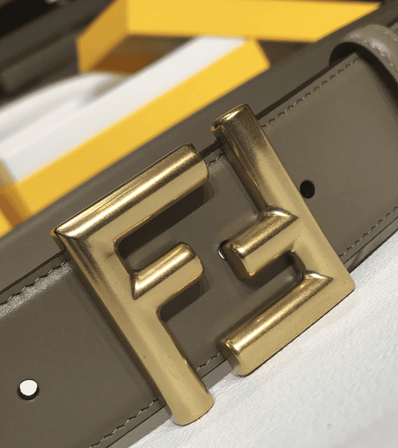 F**di Grey Leather Belt With Ff Gold Buckle 40Mm