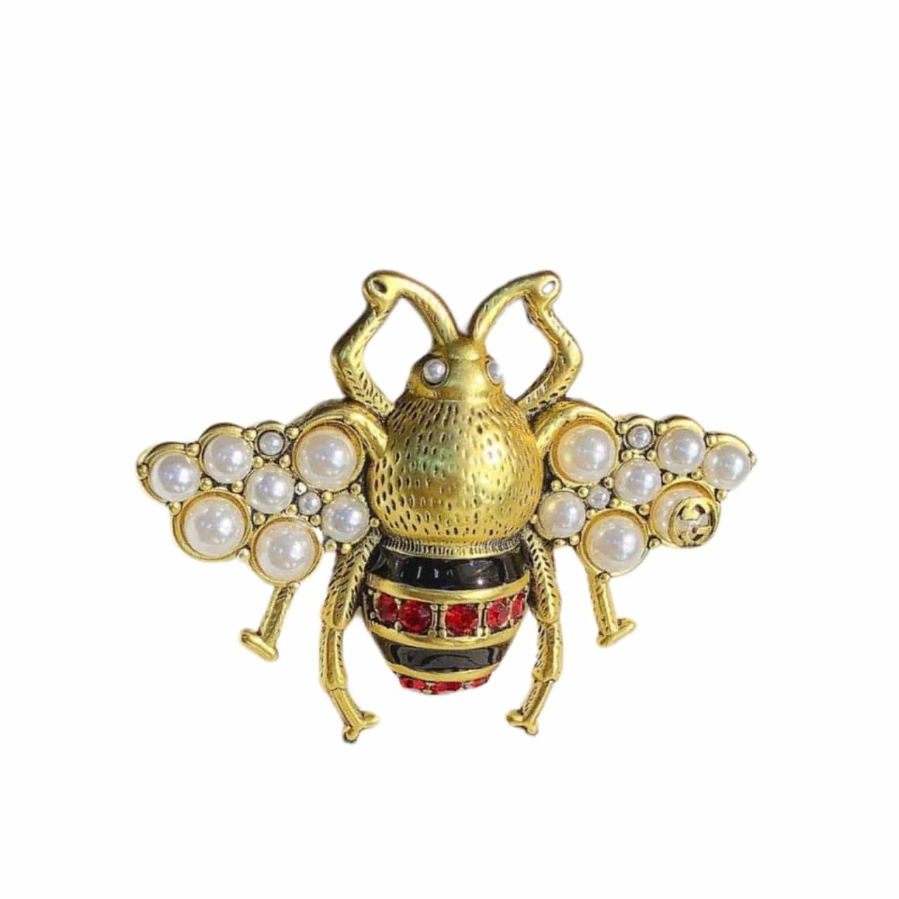 Gvc*1 Gg Black And Red Bee Brooch Gold With Pearl