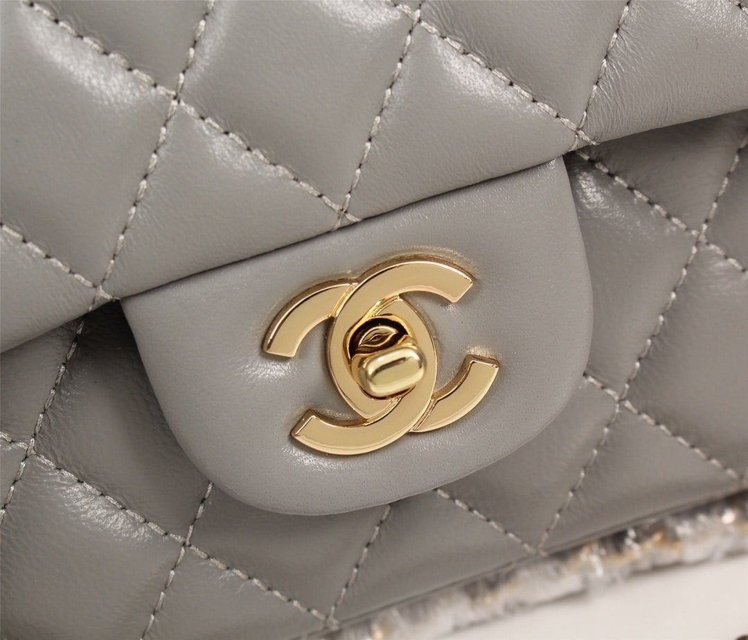 Ch**el Classic Flap Gray Gold Hardware 25Cm