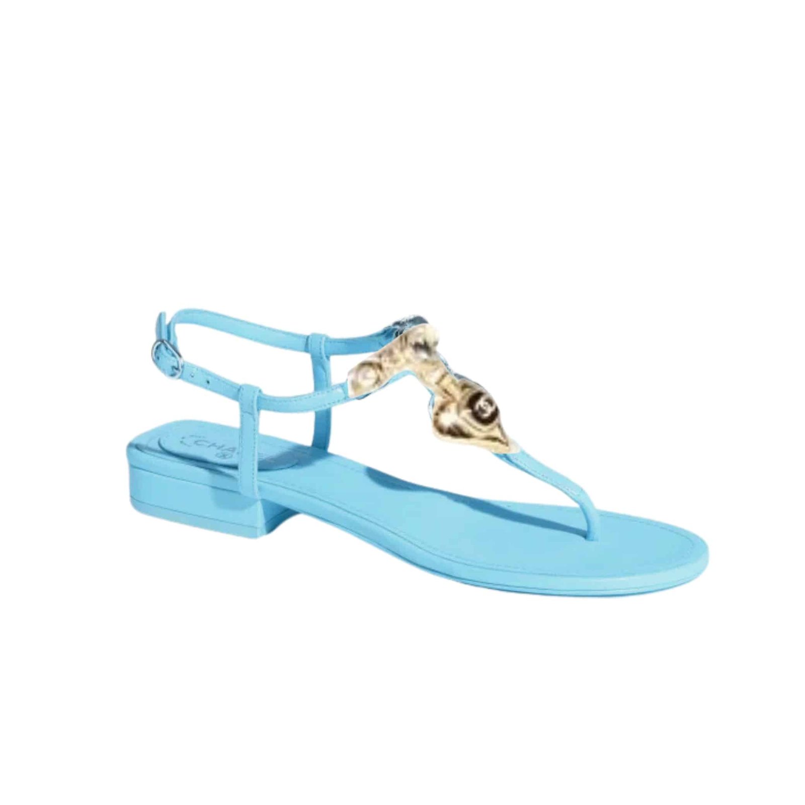 Ch**el Shiny Pearl Crystal Cc Heart Thong Sandals Light Blue