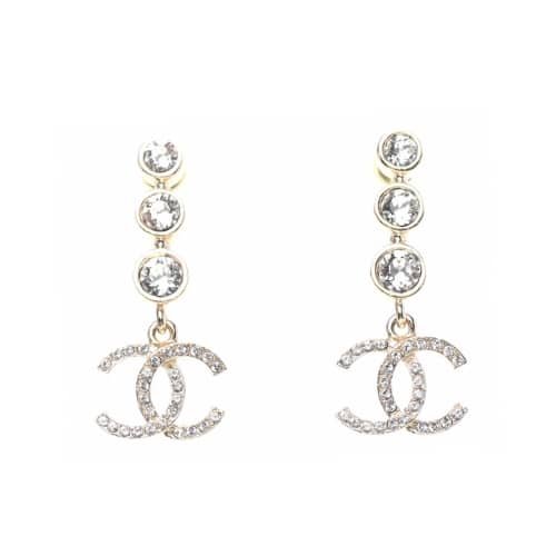 Ch**el Crystal Cc Drop Earrings Gold
