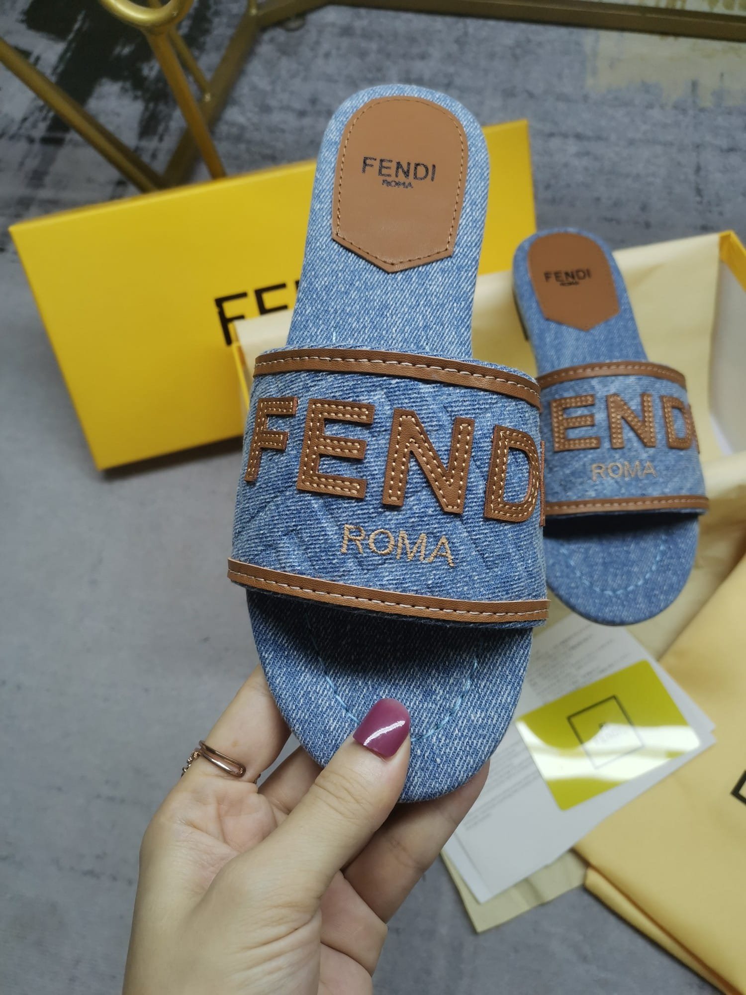 F**di Signature Light Blue Denim Slides
