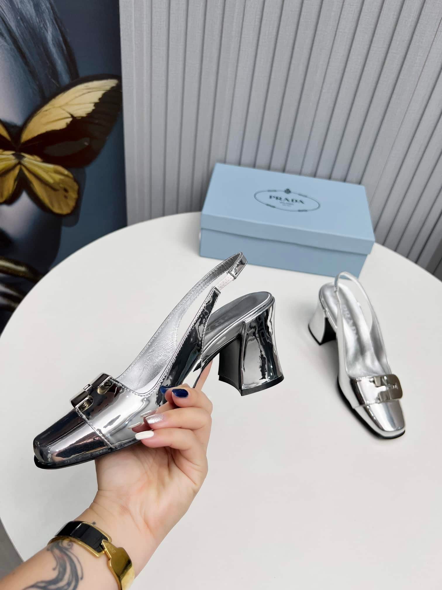 Pra*a Leather Slingback Pumps Silver