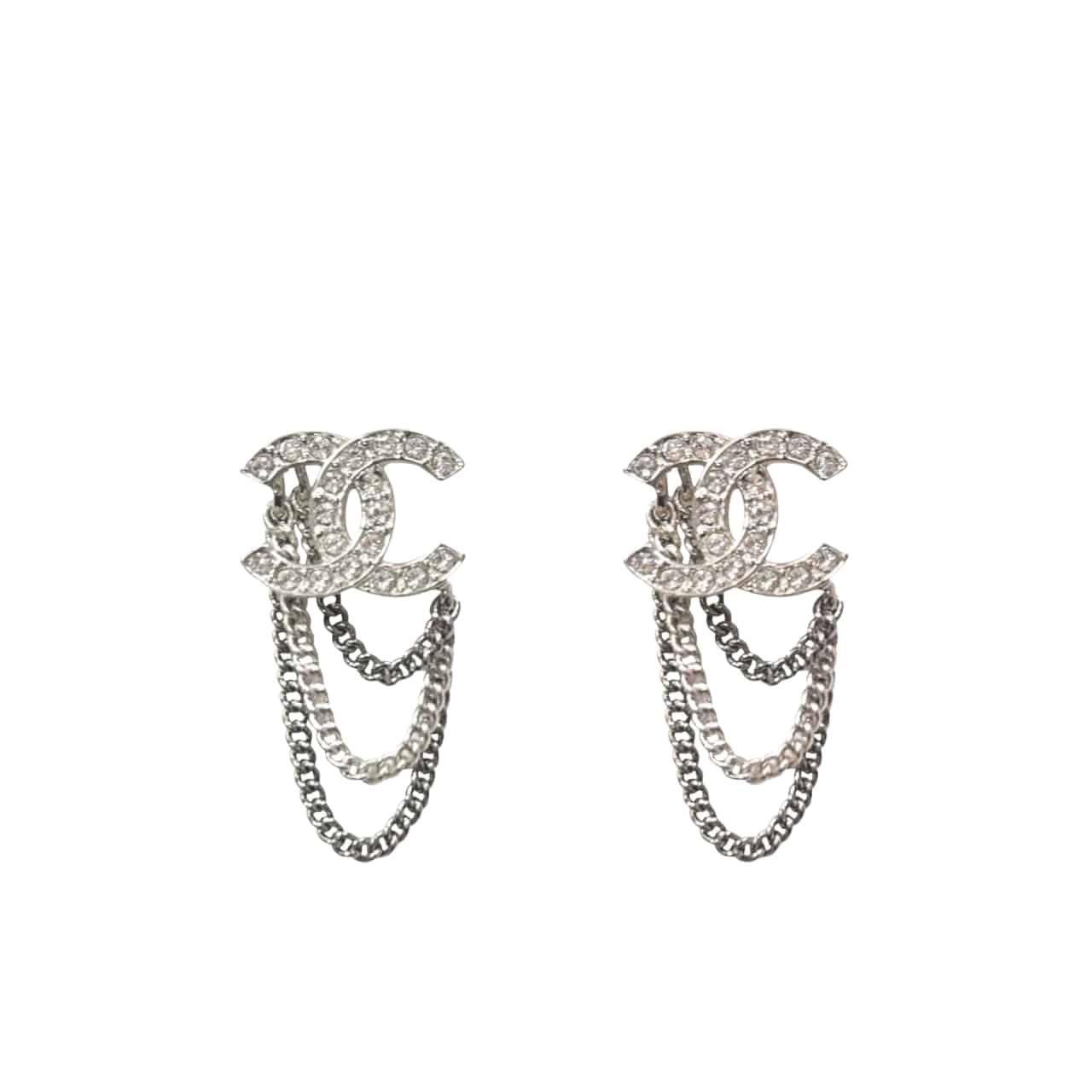 Ch**el Stud Earrings With Crystal And Multi Chain In Silver Tone