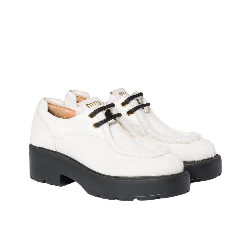 M1um1u  Leather And Calf Hair Leather Laced Shoes Ivory 5E964D 2Hio F0304 F D055