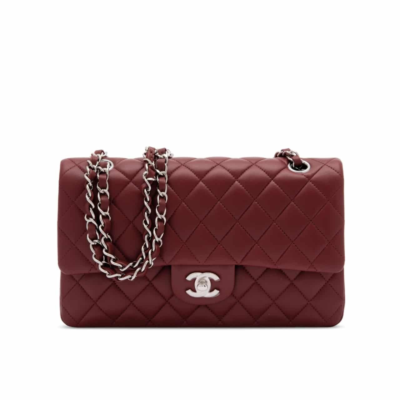 Ch**el Medium Classic Double Flap Burgundy Silver Hardware 27Cm