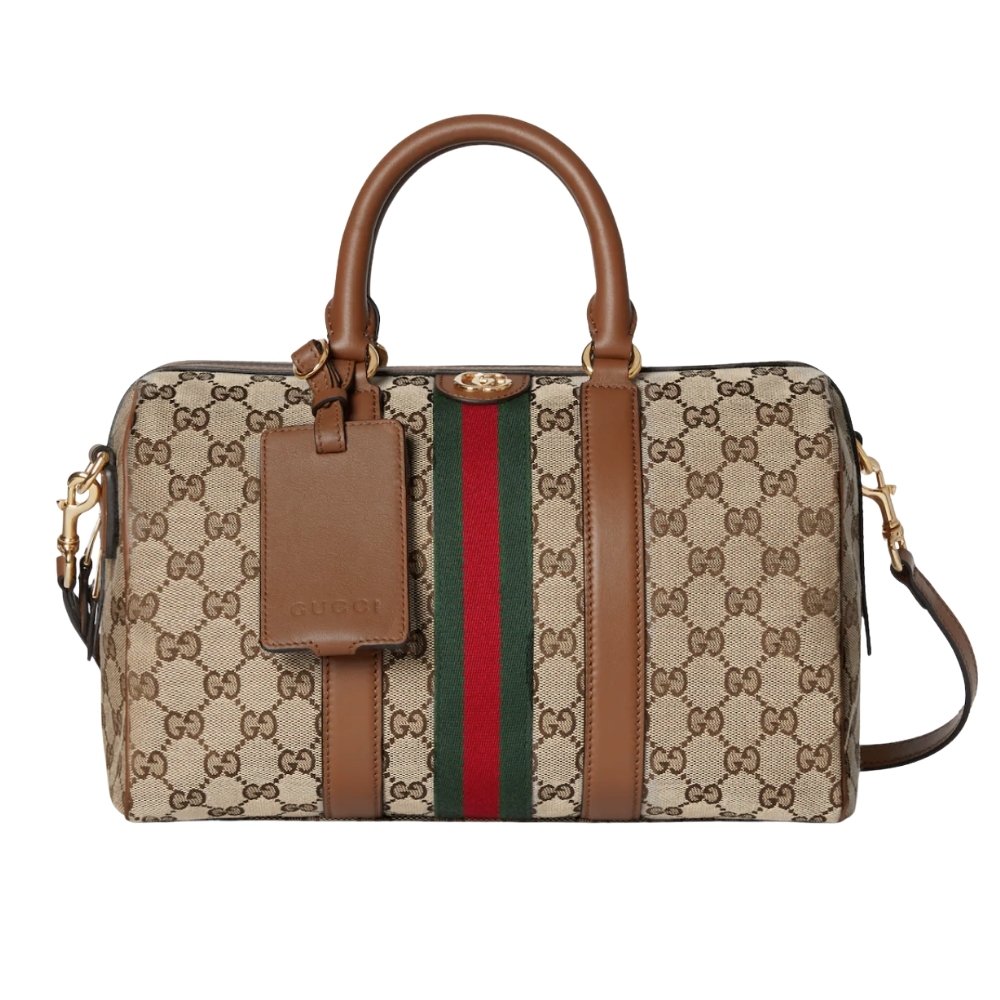 Gvc*1 Ophidia Medium Boston Bag Beige And Brown GG Canvas 30Cm ‎857595 FAFUF 9870