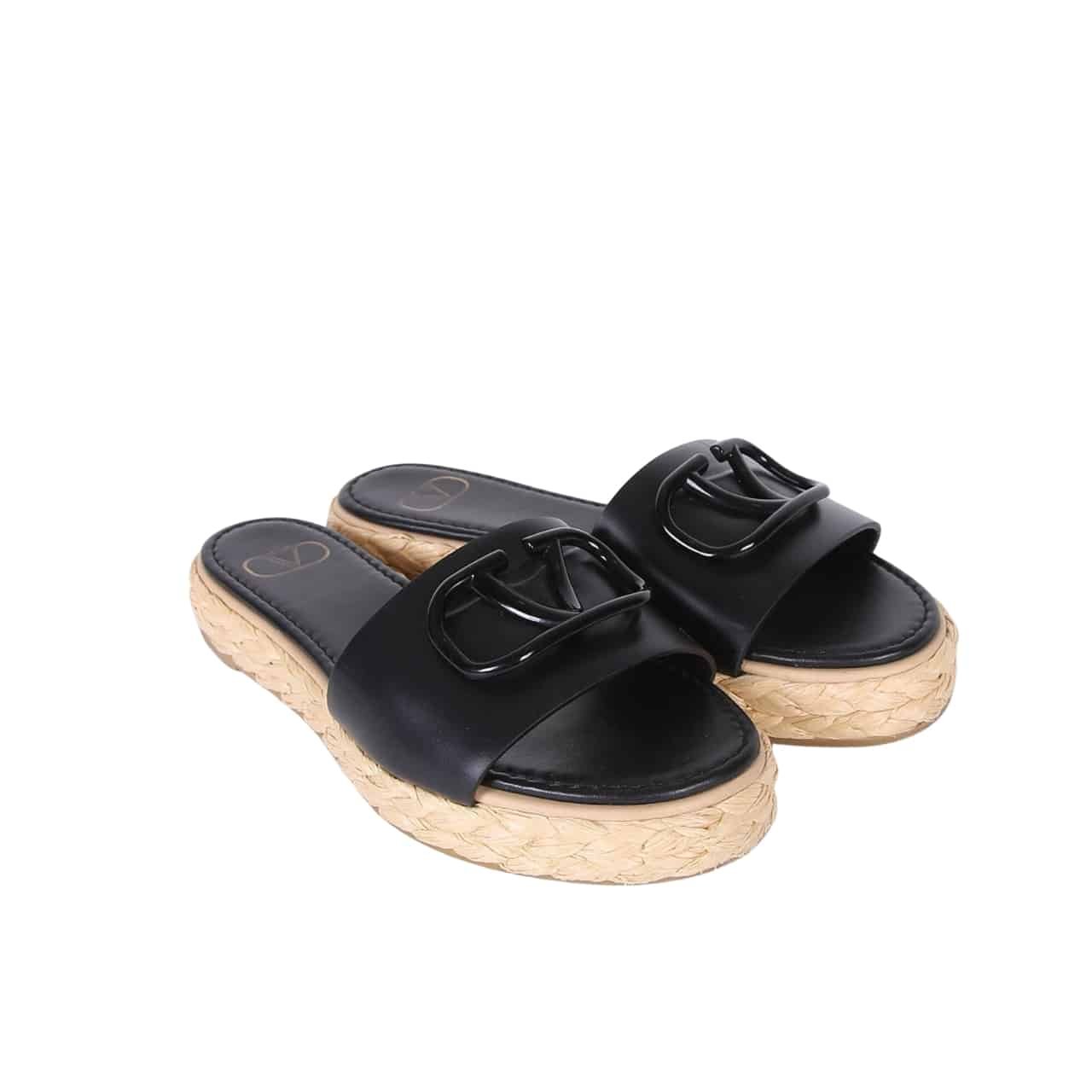 Va1e*ntin0 Garavani Vlogo Leather Espadrille Slides Black