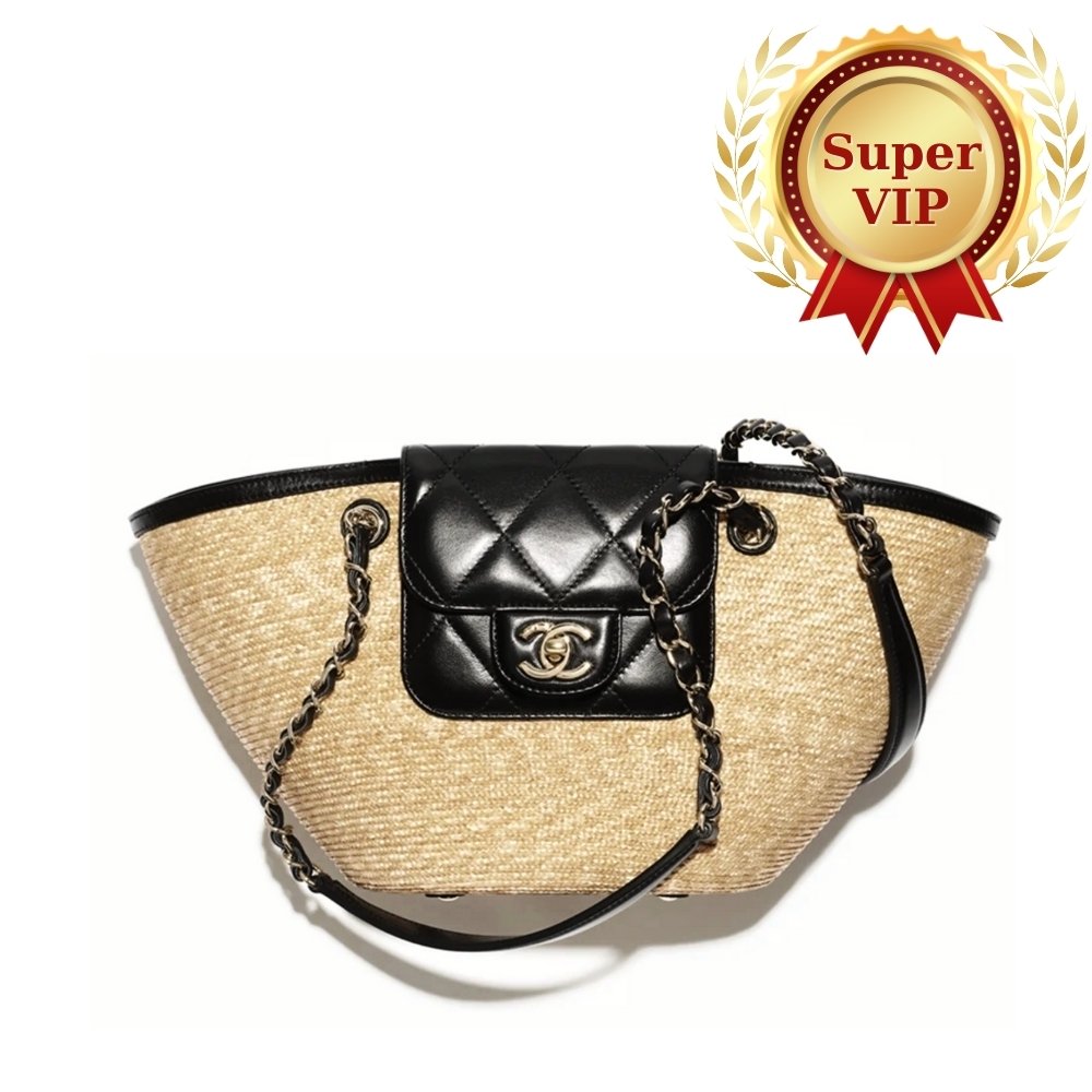 [S*per Vip 1:1] Ch**el Small Shopping Bag Braided Straw And Gold Tone Metal Beige 23Cm AS5951 B22647 U6027