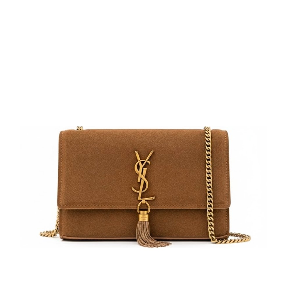 Sa1nt Lau*nt Kate Medium Tassel Crossbody Bag In Brown Suede Leather With Gold Tone 22Cm