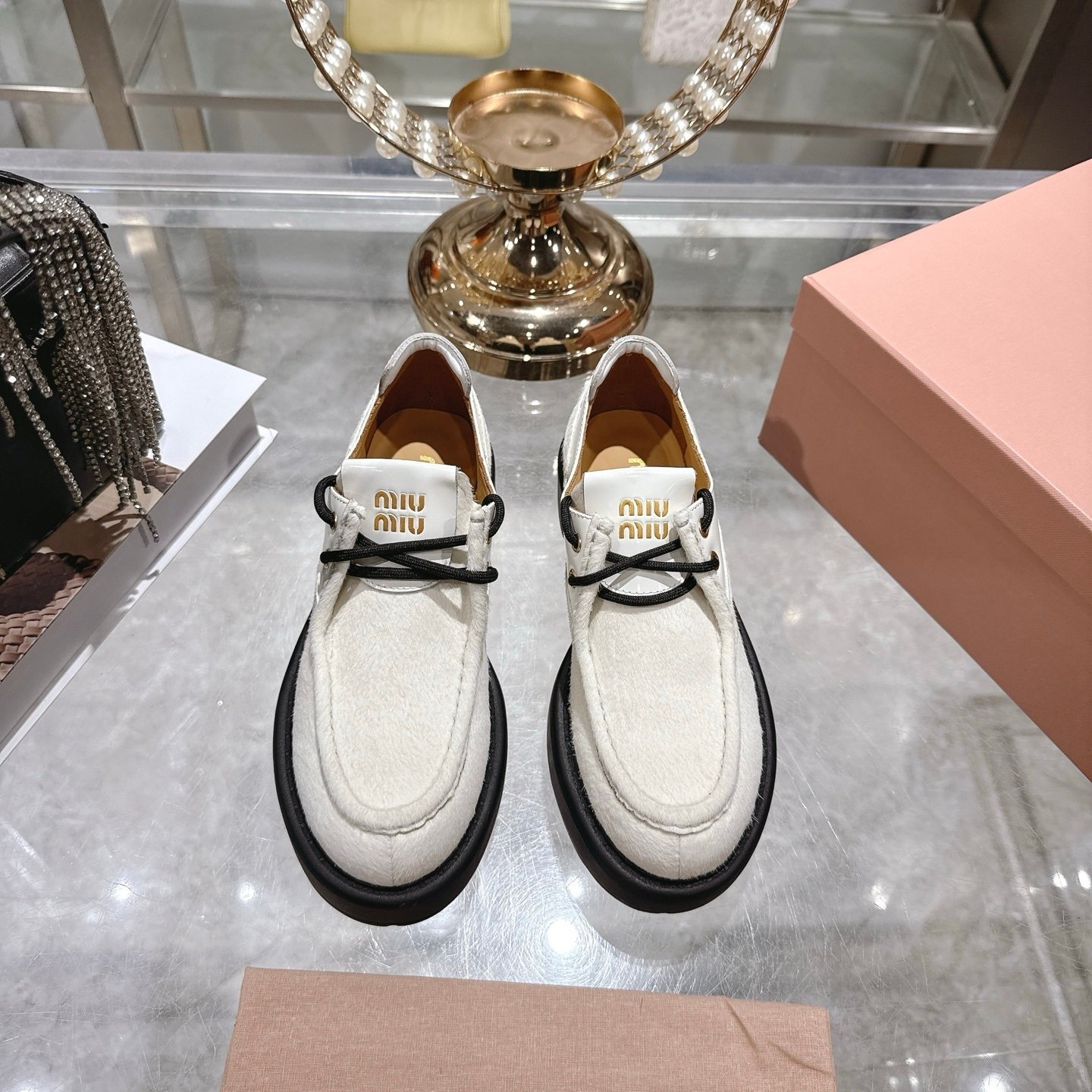 M1um1u Leather And Calf Hair Leather Laced Shoes Ivory 5E964D 2Hio F0304 F D055