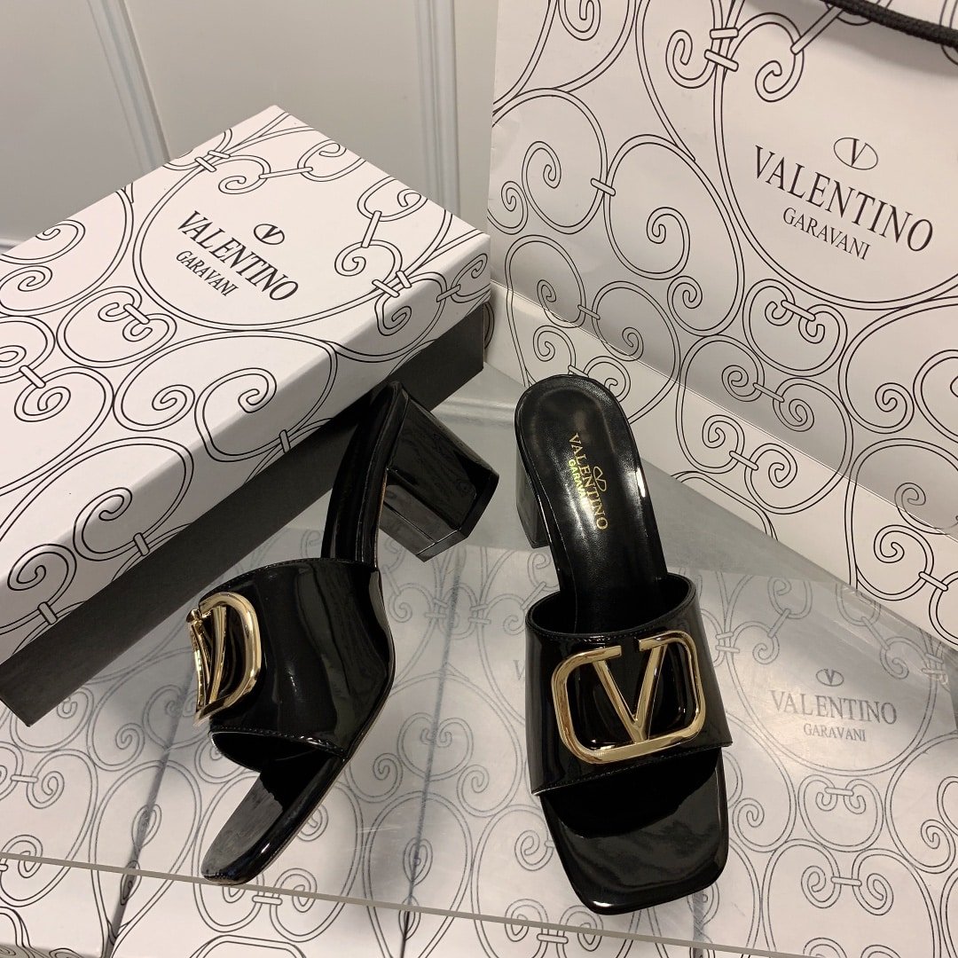 Va1e*ntin0 Vlogo Signature Square Toe Middle Heel Black Slide Sandal