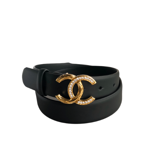 Ch**el Leather Belt With Cc Pearl And Gold Tone Metal Black 3Cm